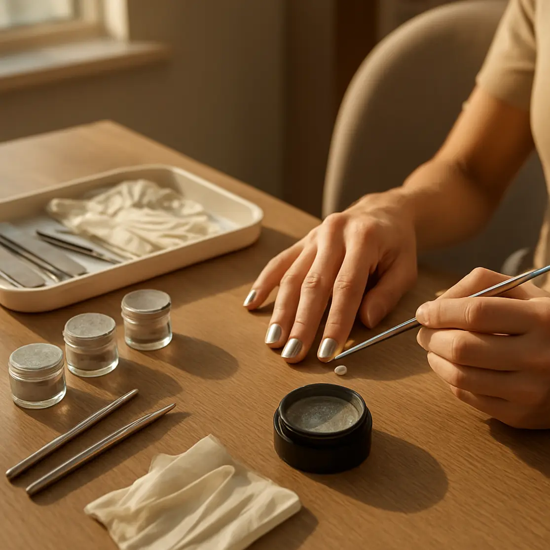Bancada de salão com materiais para unhas espelhadas e manicure aplicando pó