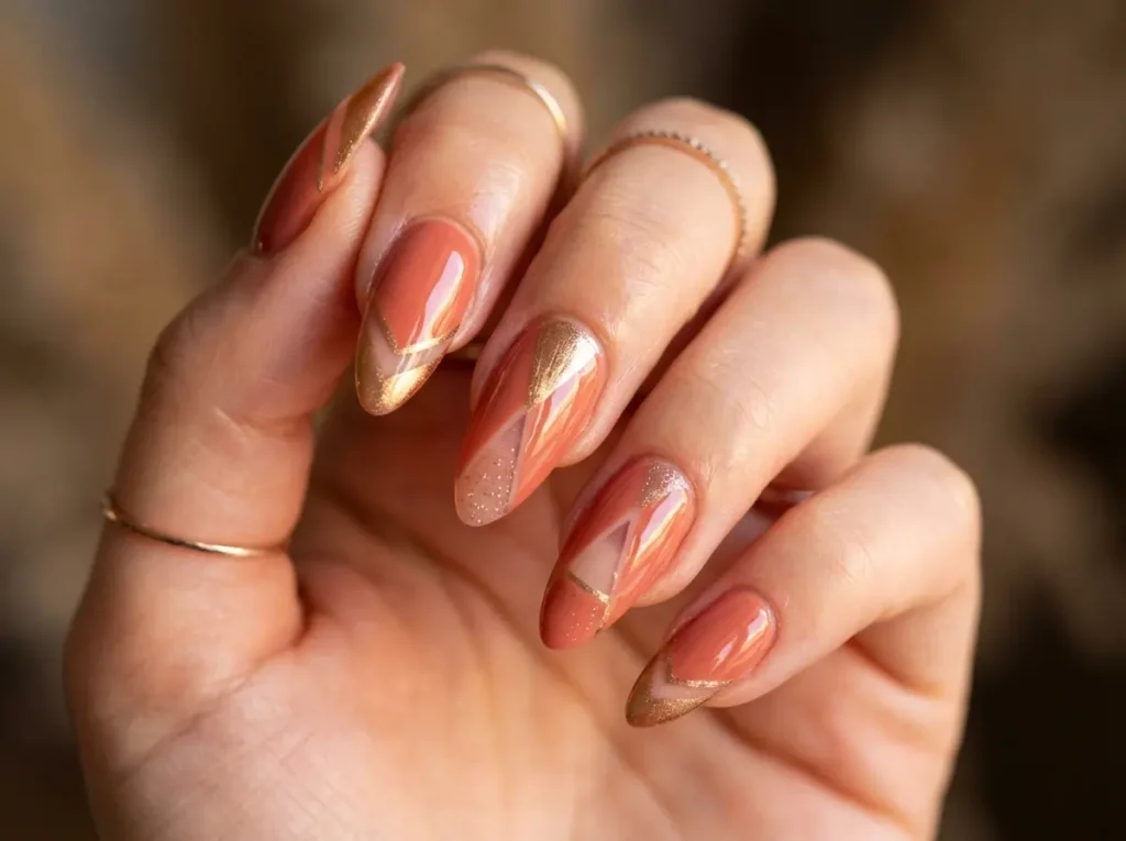 Close-up de mão com unhas de fibra decoradas 2026 em tom coral e detalhes dourados, acabamento glossy, fundo desfocado.
