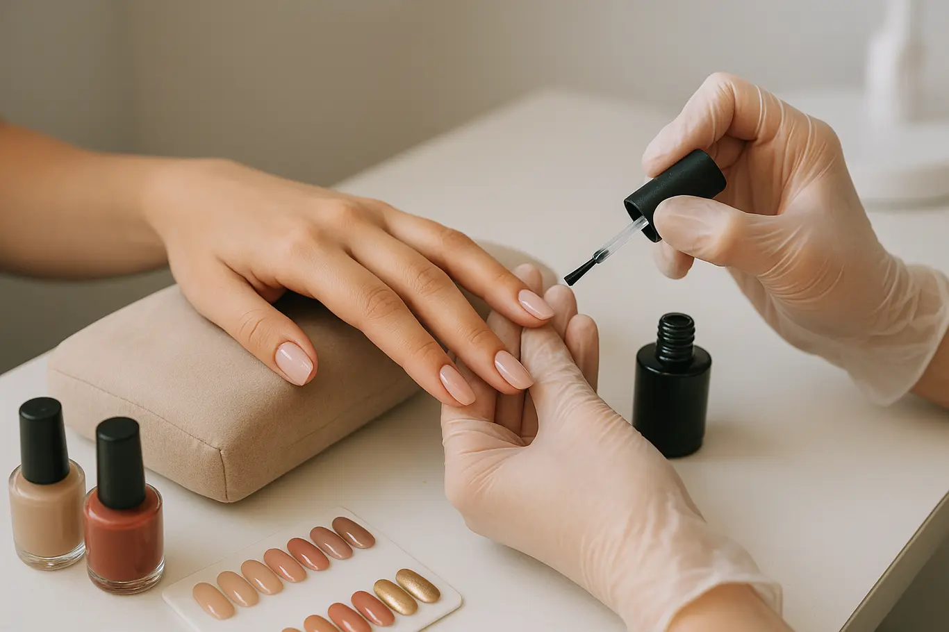 Manicure aplicando top coat em unhas de gel com paleta de cores 2026 ao lado