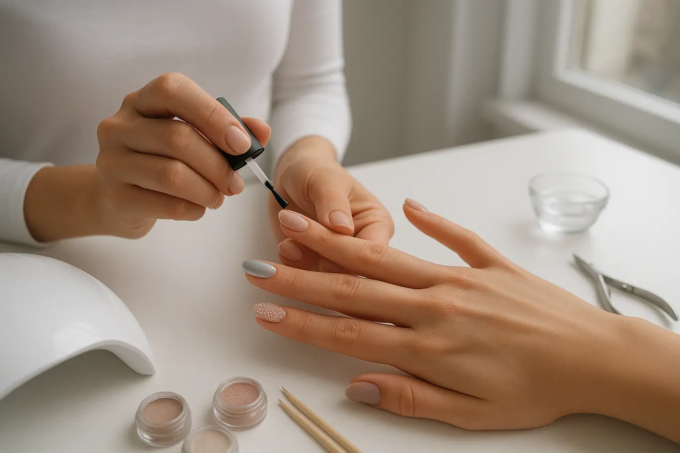 Mesa de manicure com profissional aplicando top coat em unhas em gel, ferramentas e pigmentos visíveis