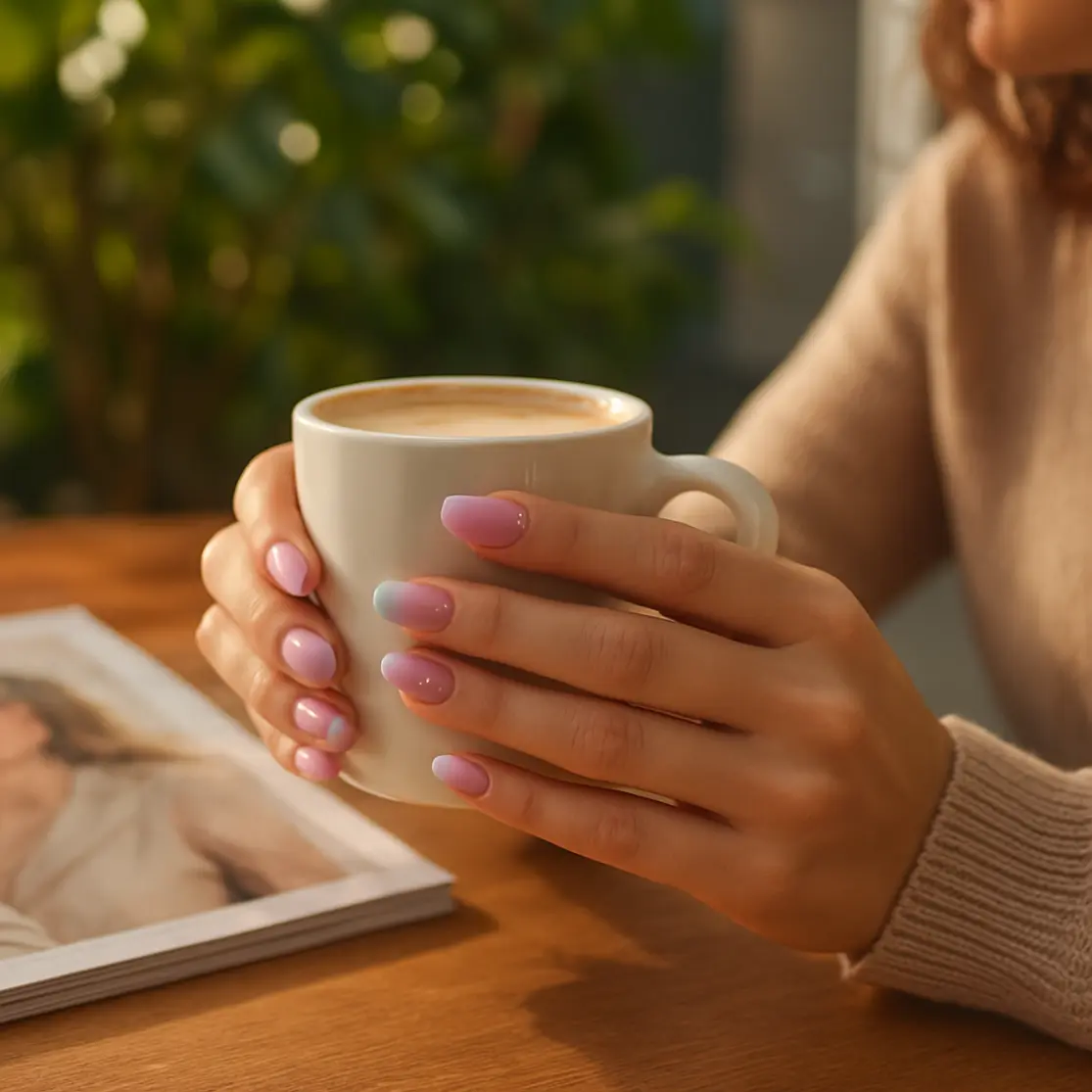 Mãos segurando xícara com unhas em gel degradê pastel e apliques perlados em ambiente de cafeteria