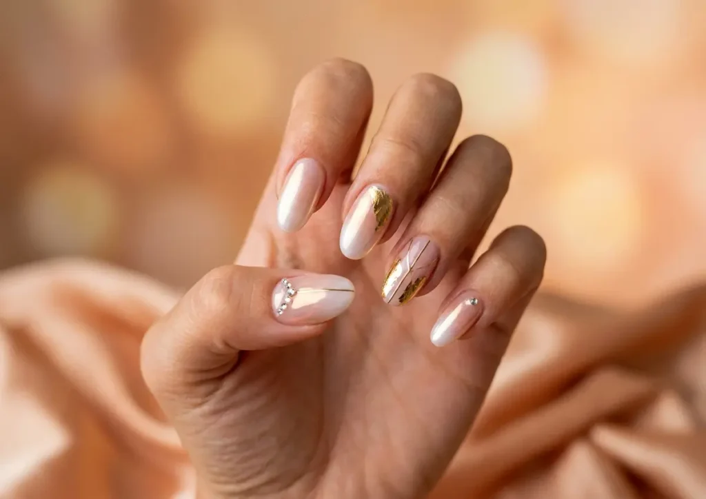 Mão feminina com unhas decoradas de gel em estilos tendência sobre fundo quente e texturizado