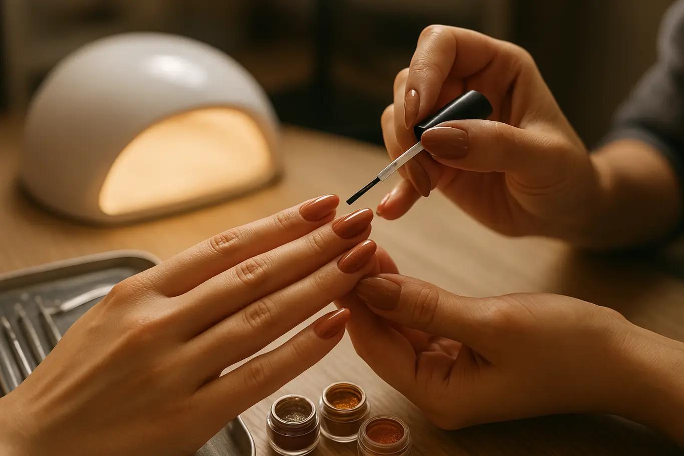 Manicure aplicando top coat em unhas de gel com ferramentas e LED ao fundo