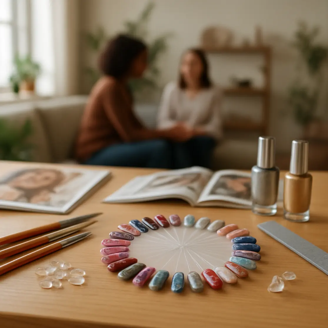 Mesa de salão com leque de amostras de unhas decoradas em gel 2026 e acessórios