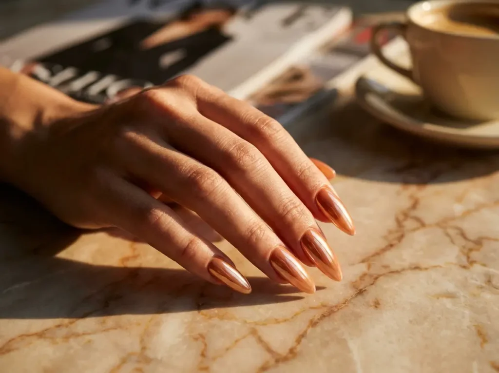 Mão com unha em gel amêndoa com acabamento glass-sheen em tons quentes sobre mármore