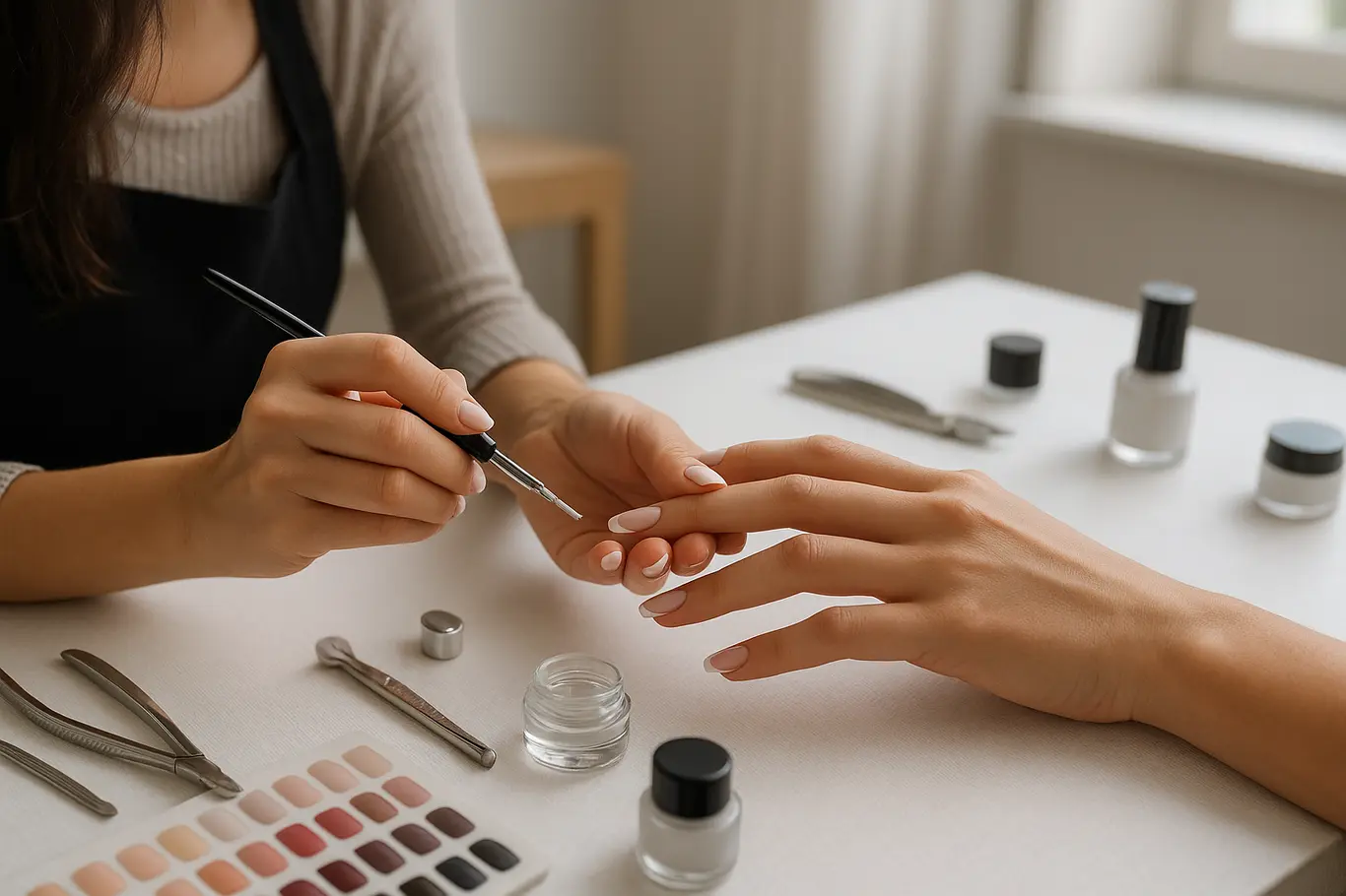 Cena de manicure com aplicação de gel em formato coffin curto em bancada de estúdio