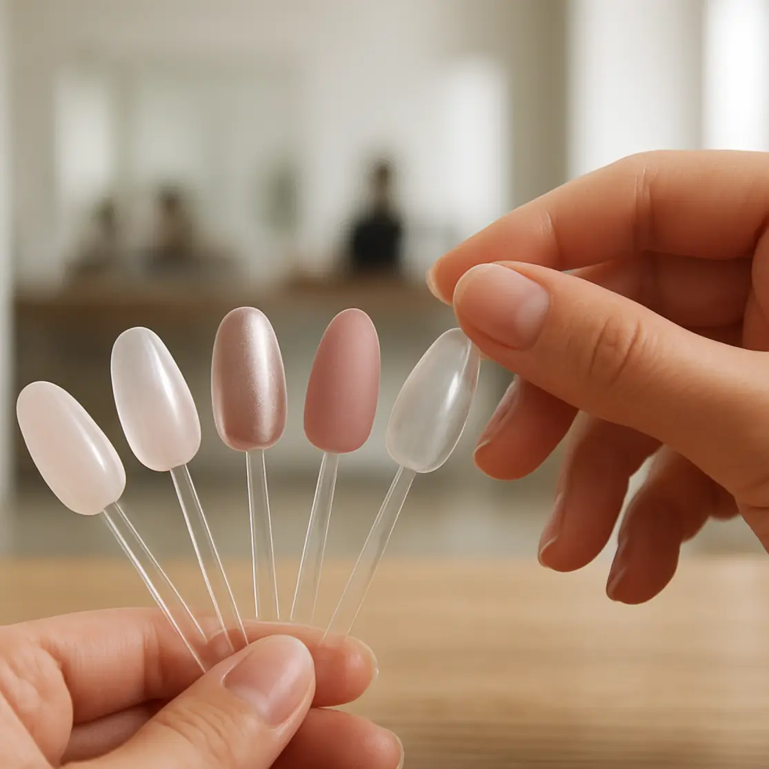 Mesa editorial com amostras de modelos de unhas em gel variados e mãos em perfil segurando uma peça
