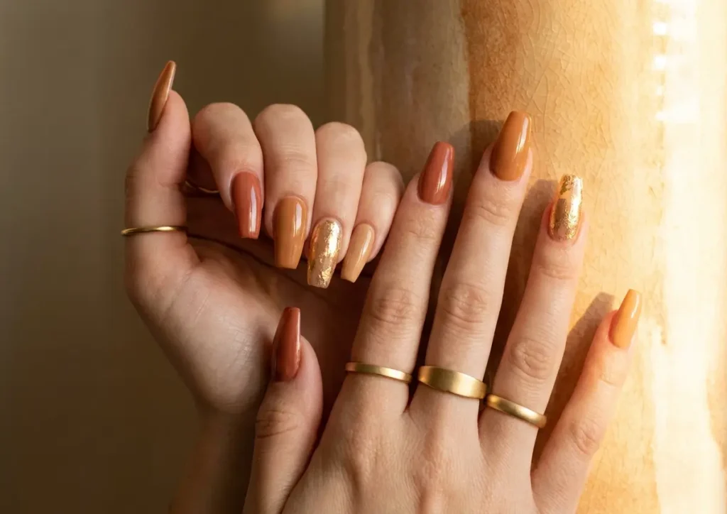 Mãos femininas com unhas em gel glossy em tons quentes, fundo cerâmico desfocado