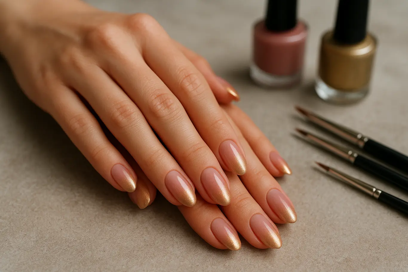 Perspectiva superior das mãos com unhas em gel degradê e reflexos metalizados, frascos desfocados ao fundo