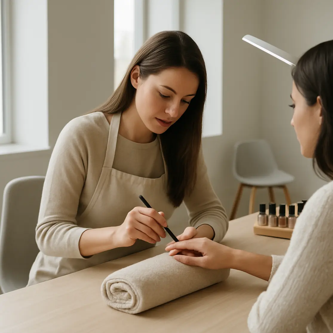 Salão minimalista com manicure em perfil trabalhando nas unhas de uma cliente, foco nas mãos