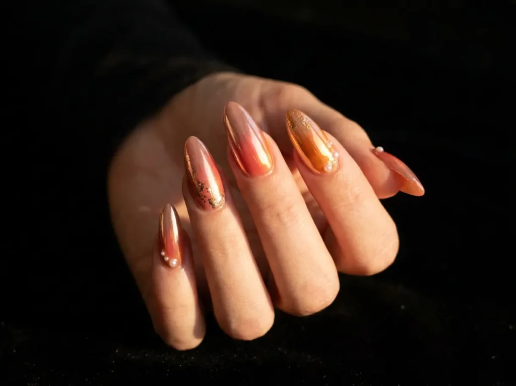 Mão com unhas em gel 2026 amêndoa, chrome gradient e micro-foil, fundo veludo escuro