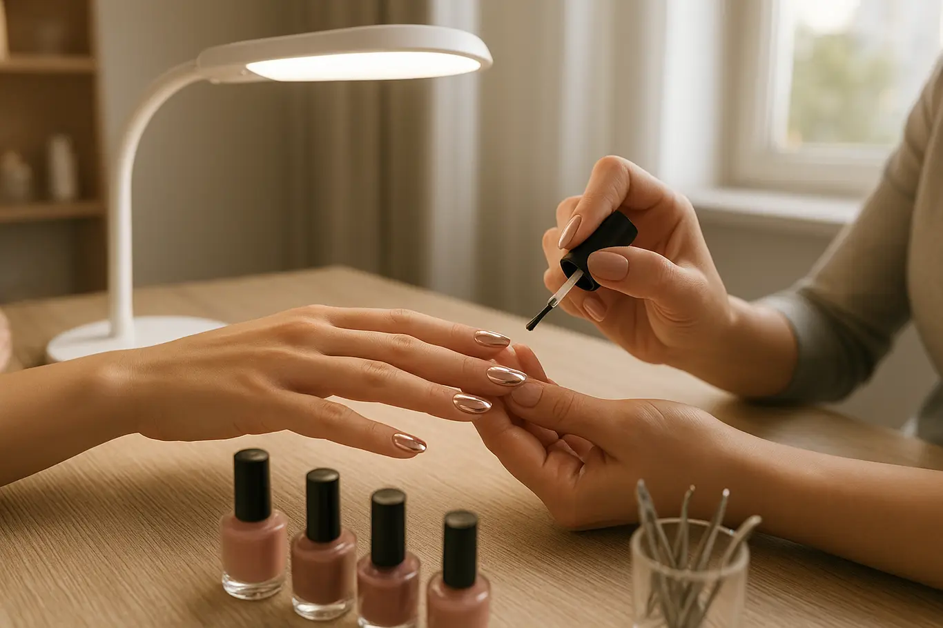 Cena de salão em plano aberto mostrando as mãos da cliente e do(a) manicure aplicando top coat em unhas de gel sob lâmpada LED, bancada com ferramentas.