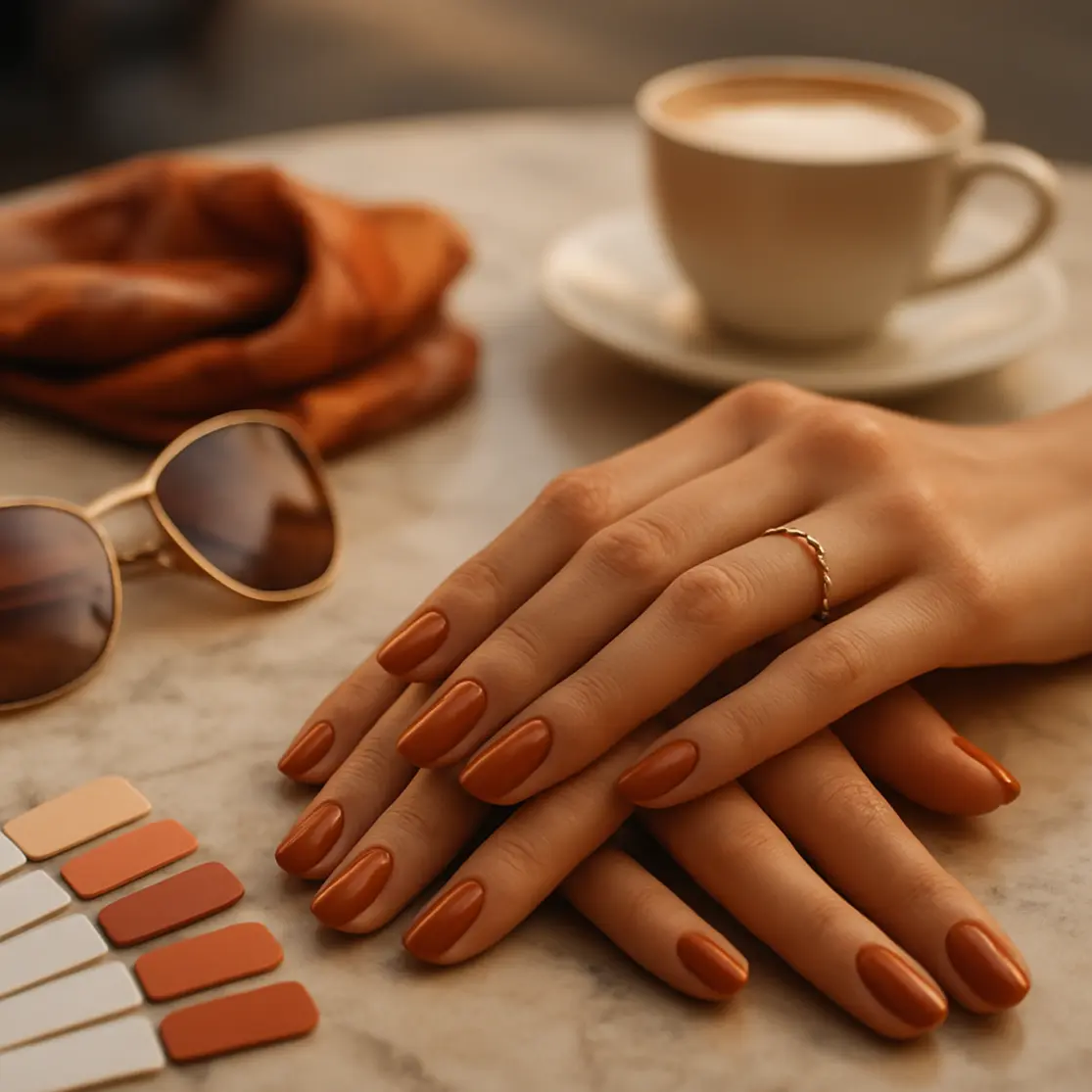 Mãos sobre mesa de mármore com unhas de gel brilhantes, óculos de sol, lenço e xícara de café em composição lifestyle suavezada.