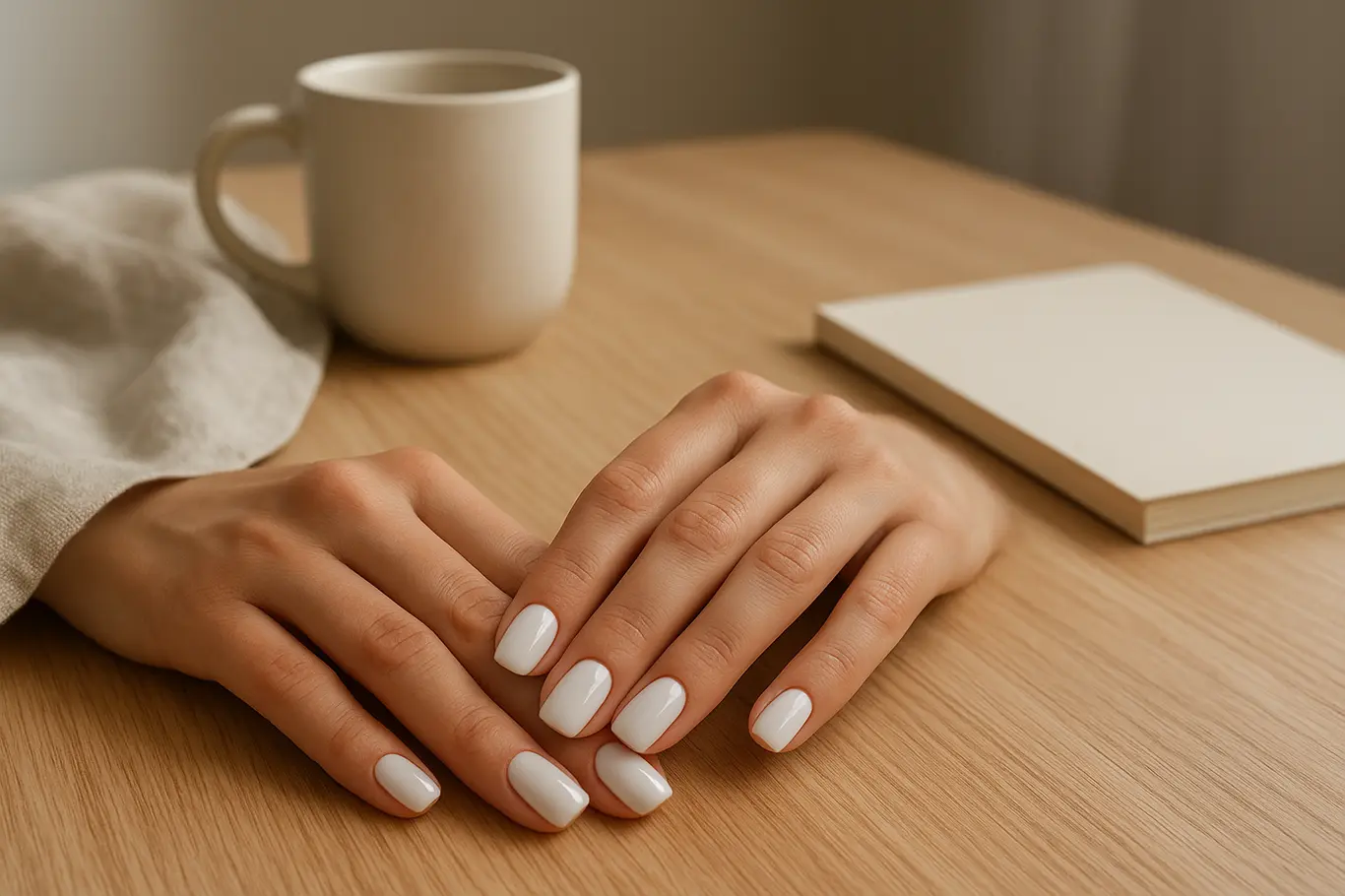 Duas mãos com unhas de gel branca sobre mesa de madeira com xícara e lenço de linho