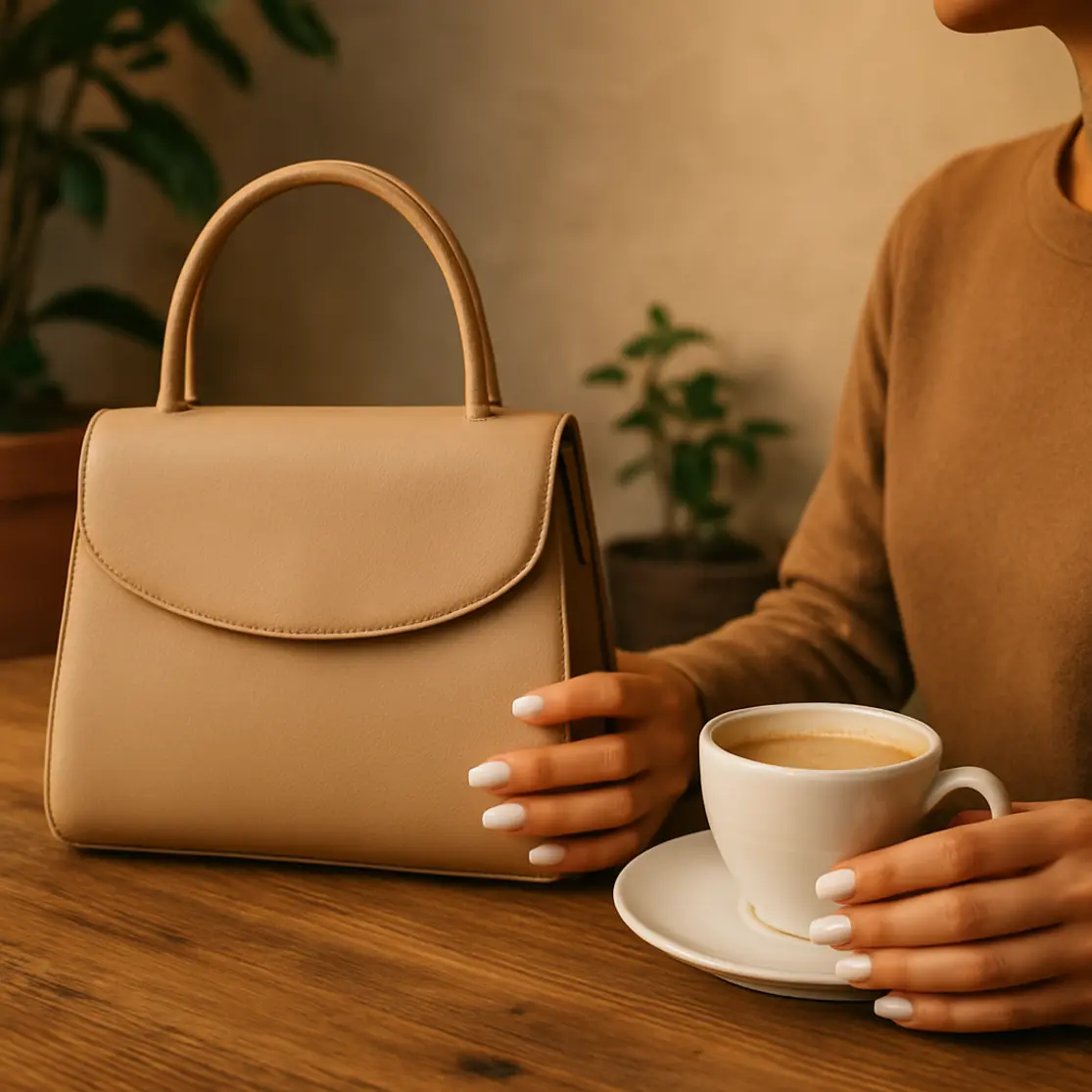 Cena ambiental com mãos segurando bolsa e xícara, unhas de gel branca minimalista visíveis