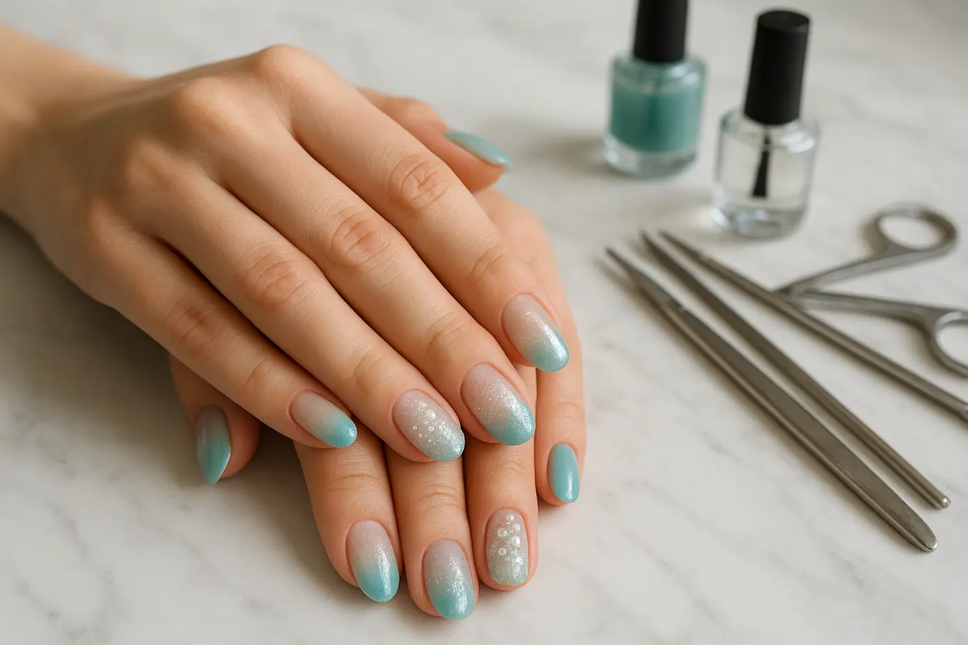 Duas mãos sobre bancada de mármore exibindo variações de unhas em gel ombré e glitter