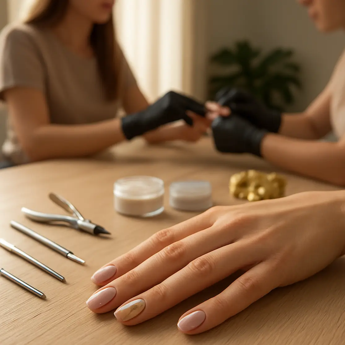 Estúdio de manicure com mão em primeiro plano exibindo negative space e linhas douradas