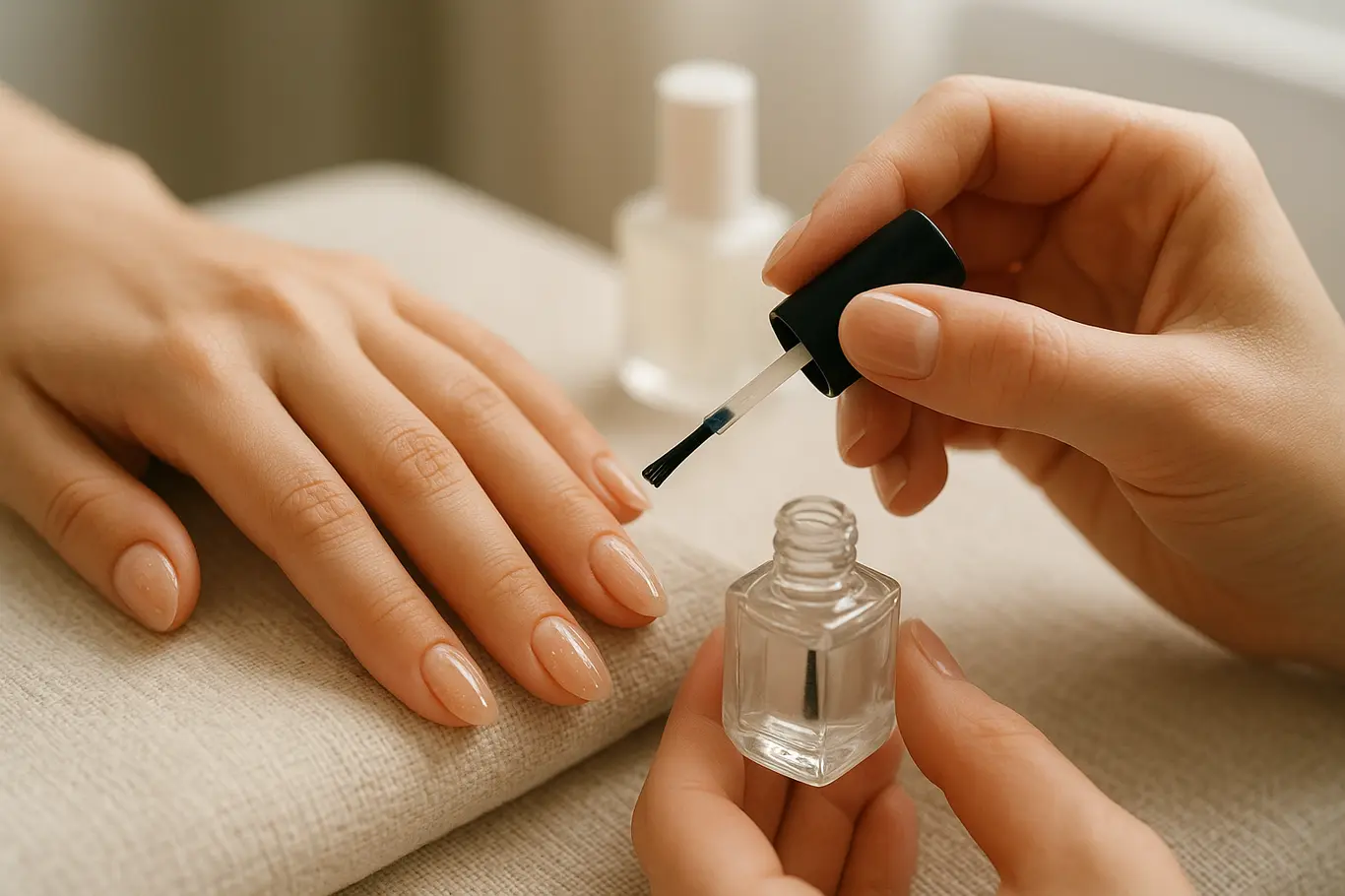Manicure aplicando top coat em unhas em gel nude com detalhes dourados, mãos em ação sobre suporte de linho.