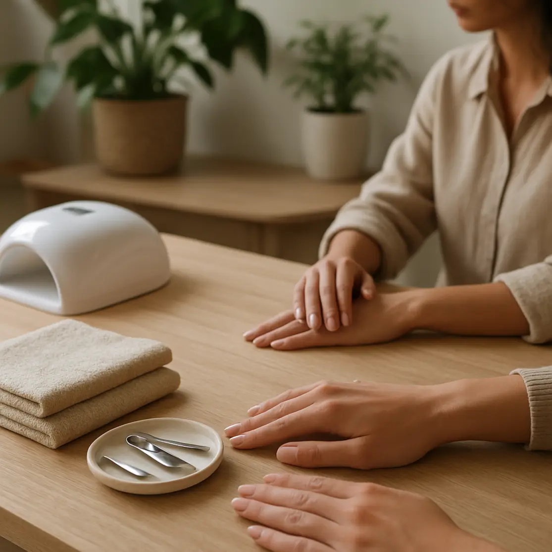 Salão de manicure moderno com foco nas mãos de clientes mostrando unhas em gel discretas, ambiente claro e natural.