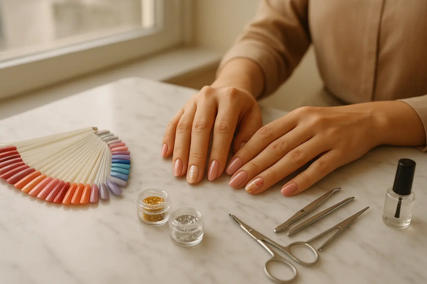Mesa de mármore com mãos de manicure, paletas de cor e frascos de glitter ao redor