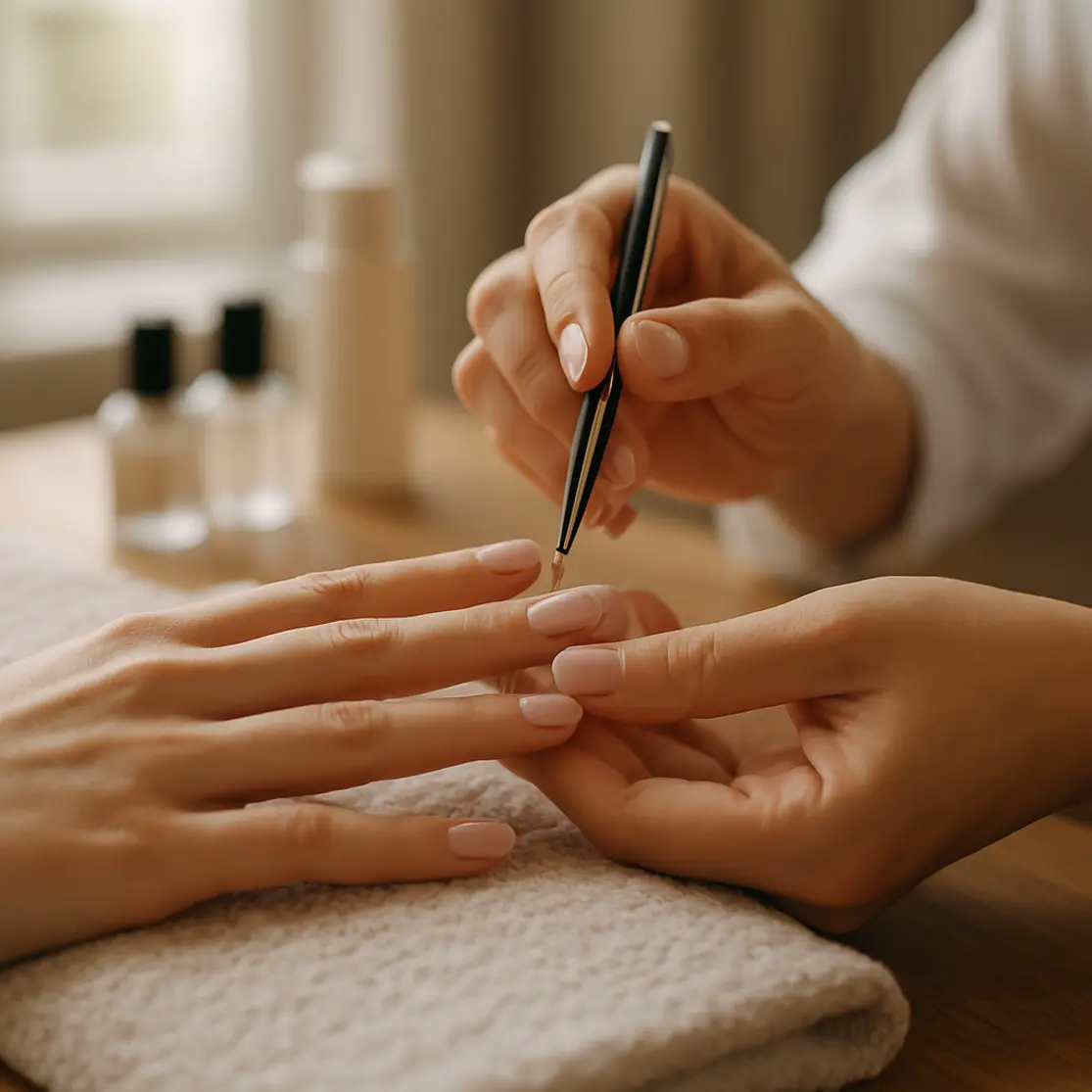 A profissional aplicando acabamento final nas unhas de gel decoradas de uma cliente, foco nas mãos