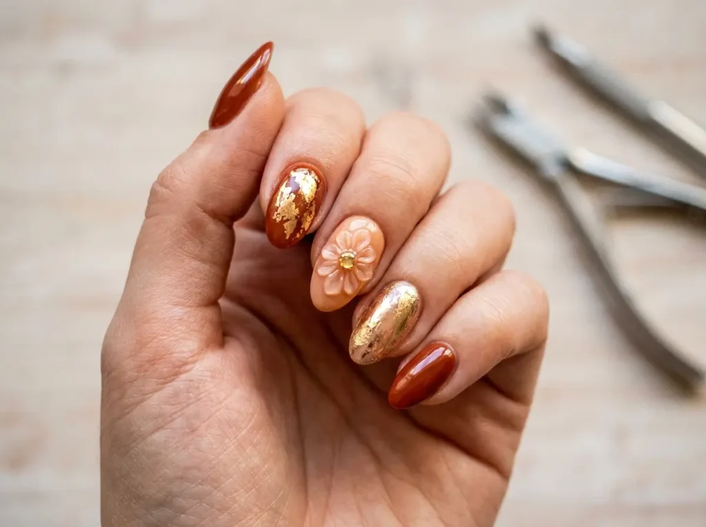 Mão com unhas em gel decoradas em tons quentes e detalhes em foil, foco nas unhas, fundo desfocado
