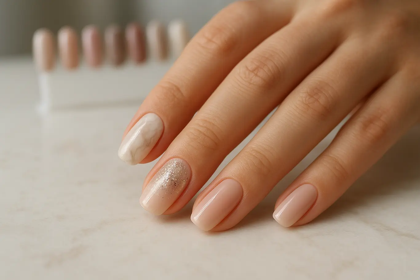 Mão sobre bancada de mármore com vários estilos de unhas em gel decoradas, vista em ângulo superior