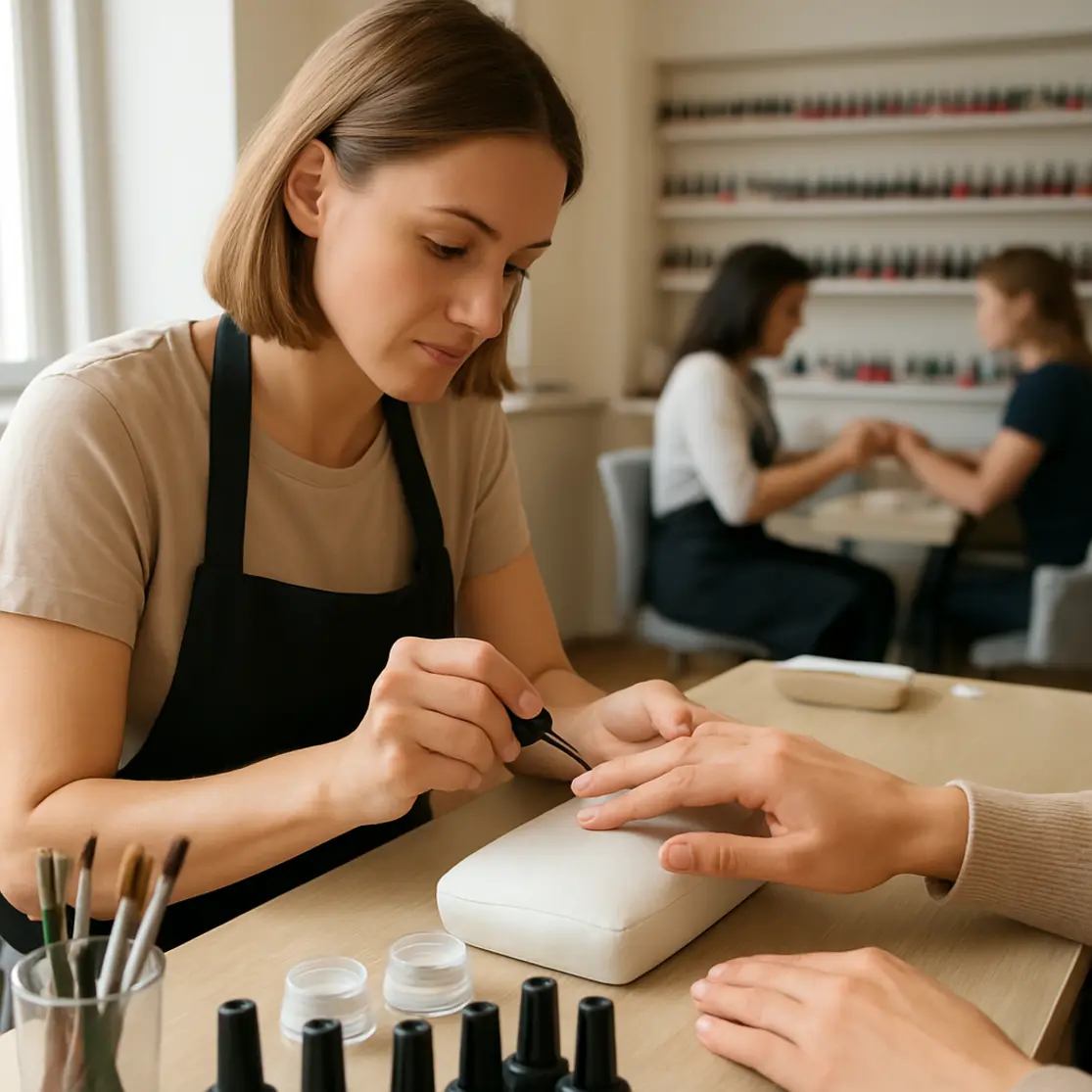 Cena ampla de salão com técnica aplicando gel nas unhas, ambiente com prateleiras e clientes desfocados