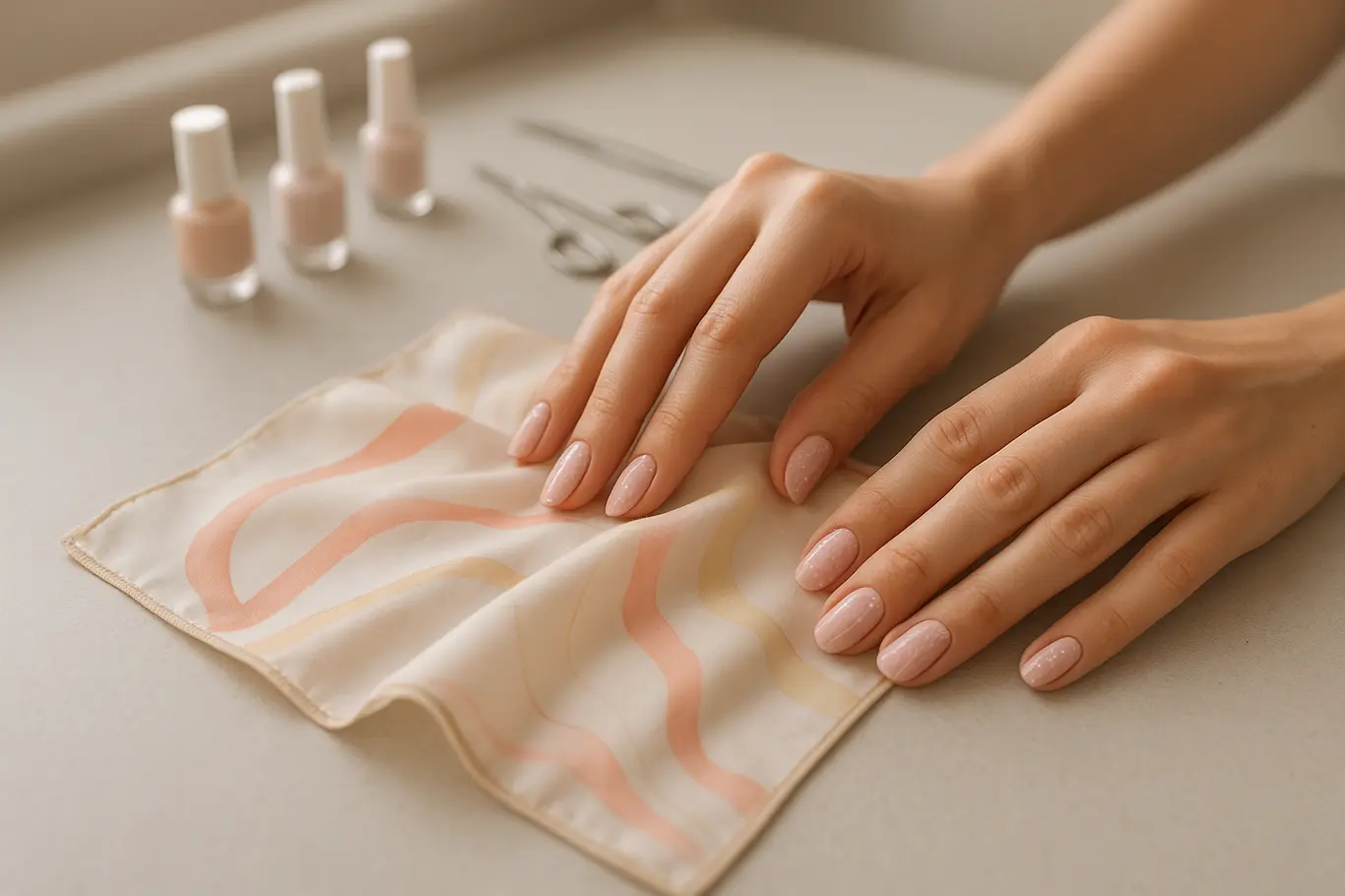 Duas mãos sobre bancada com unhas de gel delicadas em tons pastel, ferramentas de manicure ao fundo