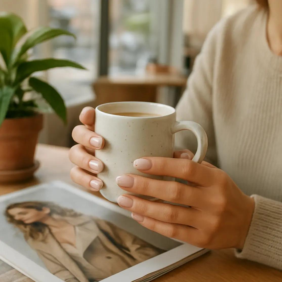 Mão segurando xícara em café com unhas de gel delicadas nude peroladas, revista ao lado