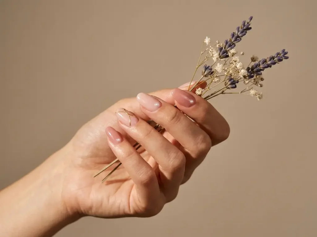 Mão feminina mostrando unhas de gel decoradas delicadas com detalhes dourados e micro-pérolas sobre raminho de flores secas