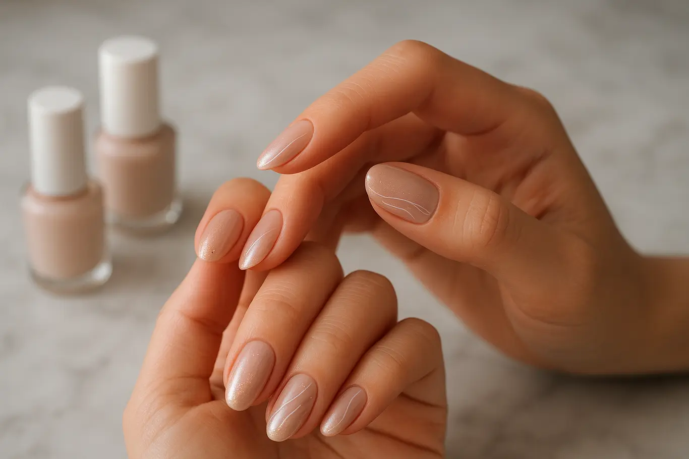Duas mãos femininas, uma admirando unhas de gel decoradas delicadas com ombré e detalhes metalizados