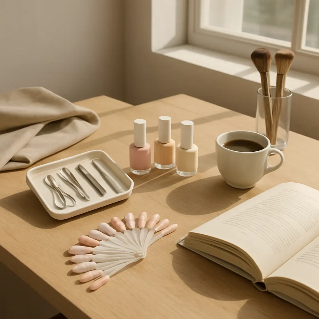 Bancada editorial com kit de manicure, swatches de unhas de gel decoradas delicadas e itens de estúdio