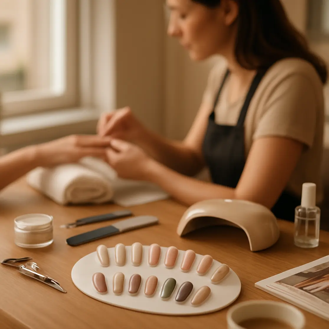 Ambiente de salão com paleta de amostras de francesinha moderna e nail artist em perfil