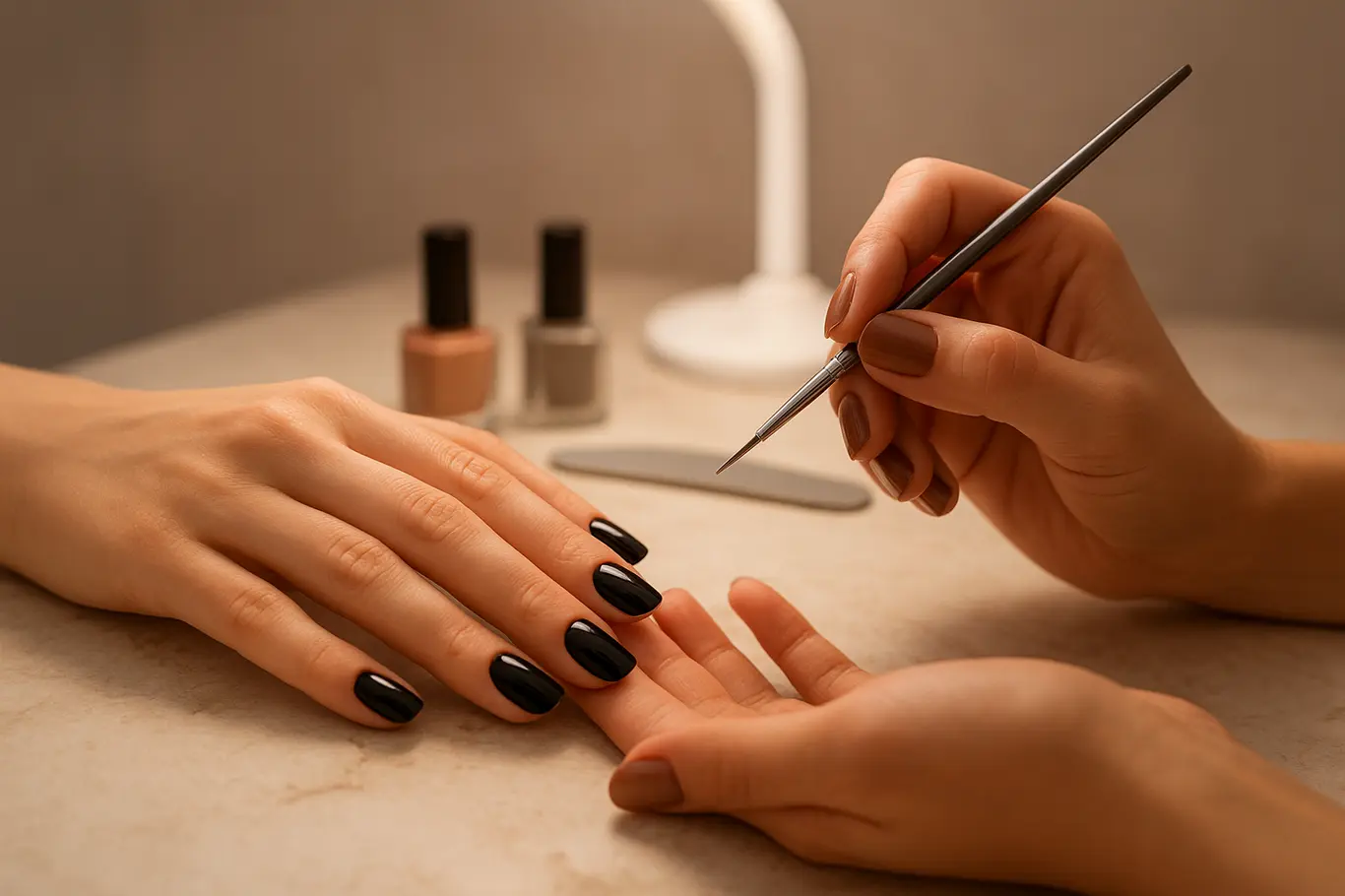 Bancada de manicure com mãos aplicando detalhe em unhas de gel preta, ferramentas ao redor
