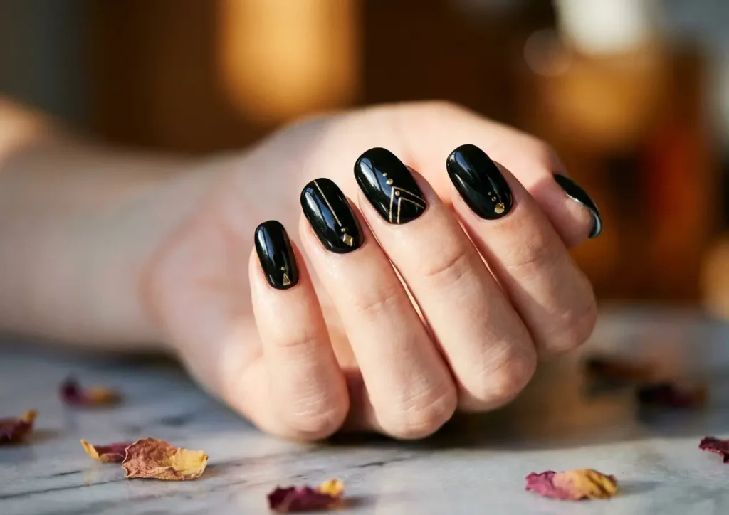 Mão feminina com unhas de gel preta e detalhes dourados, fundo quente desfocado