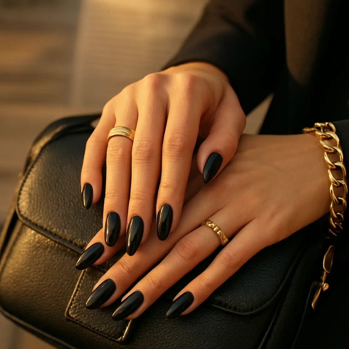 Mãos com unhas de gel preta apoiadas em bolsa de couro com bijuterias douradas, cenário editorial
