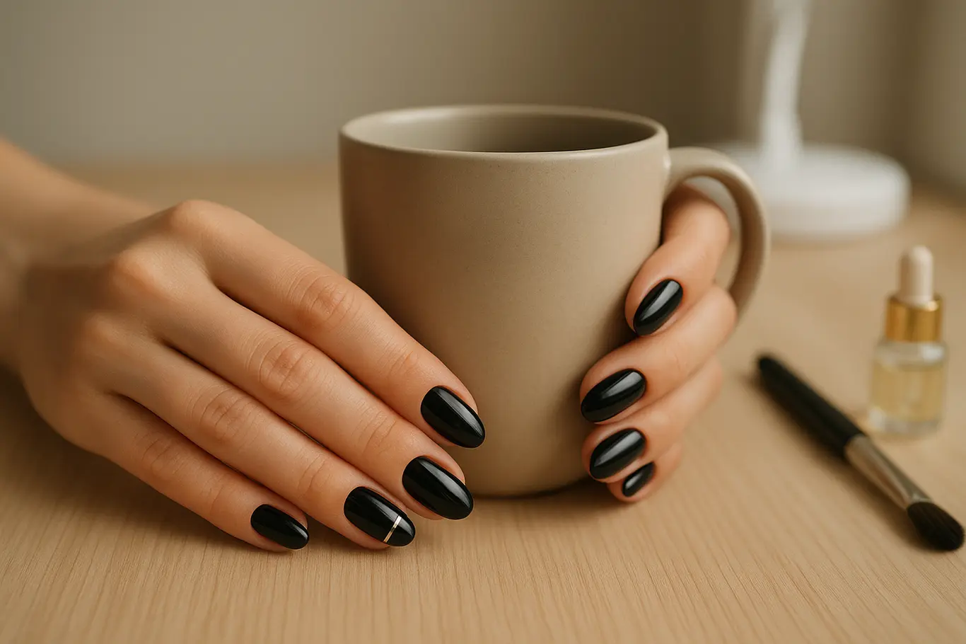 Duas mãos em mesa de madeira mostrando unhas em gel preta enquanto segura uma xícara
