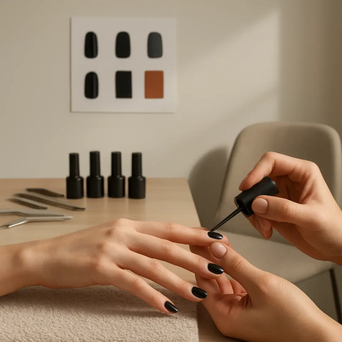 Estúdio de manicure com bancada, ferramentas e manicure aplicando top coat em unhas pretas
