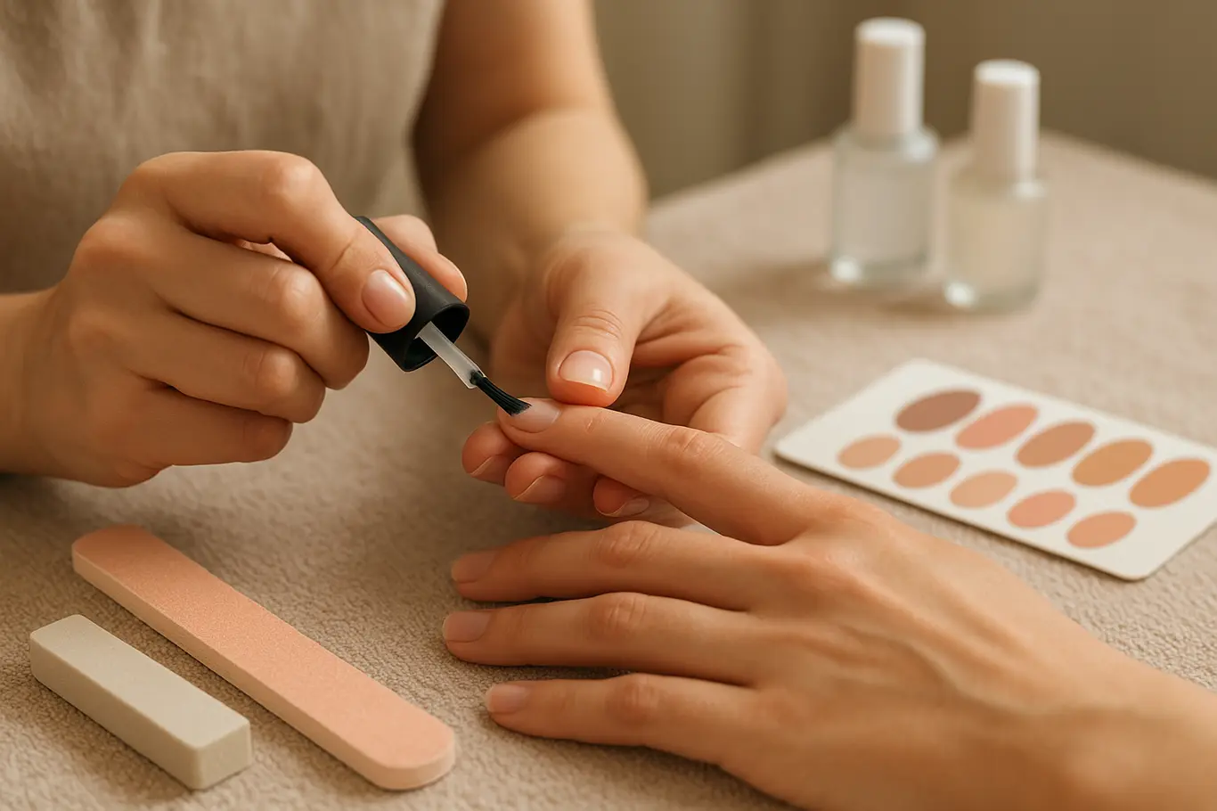 Mesa de manicure com mãos aplicando base de gel, lixas e frascos organizados em vista diagonal