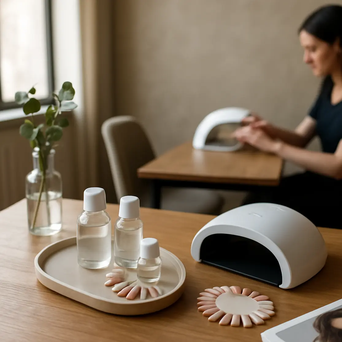 Ambiente de salão com mesa de manicure, bandeja com frascos de gel, vaso de eucalipto e mãos ao fundo em processo de cura