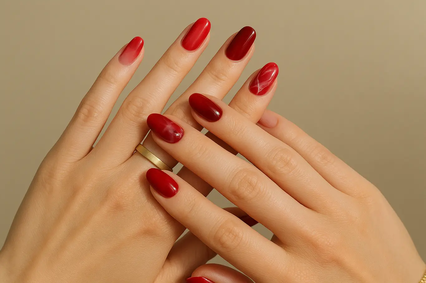 Duas mãos mostrando diferentes tipos de nail art em tons de vermelho, acabamento brilhoso e detalhes decorativos