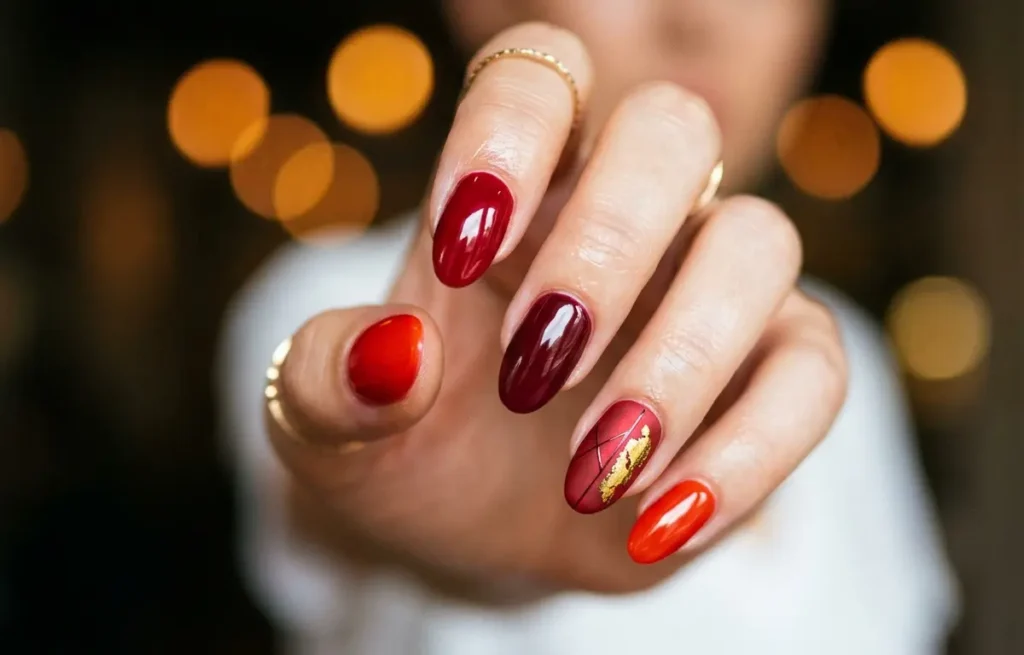 Mão com unhas de gel vermelhas em vários acabamentos e nail art, fundo quente desfocado