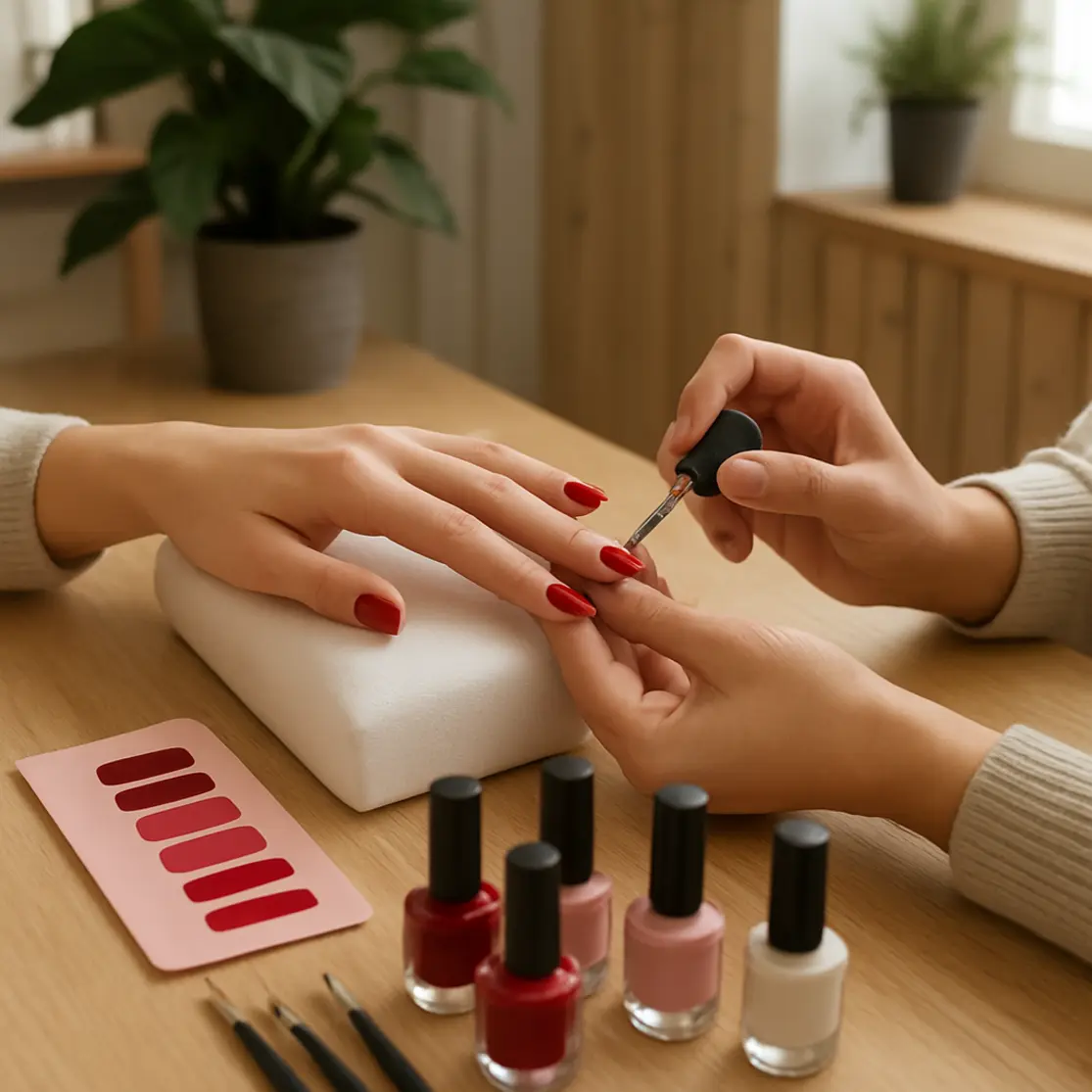 Bancada de manicure com paleta de tons vermelhos e mãos aplicando top coat em unha de gel