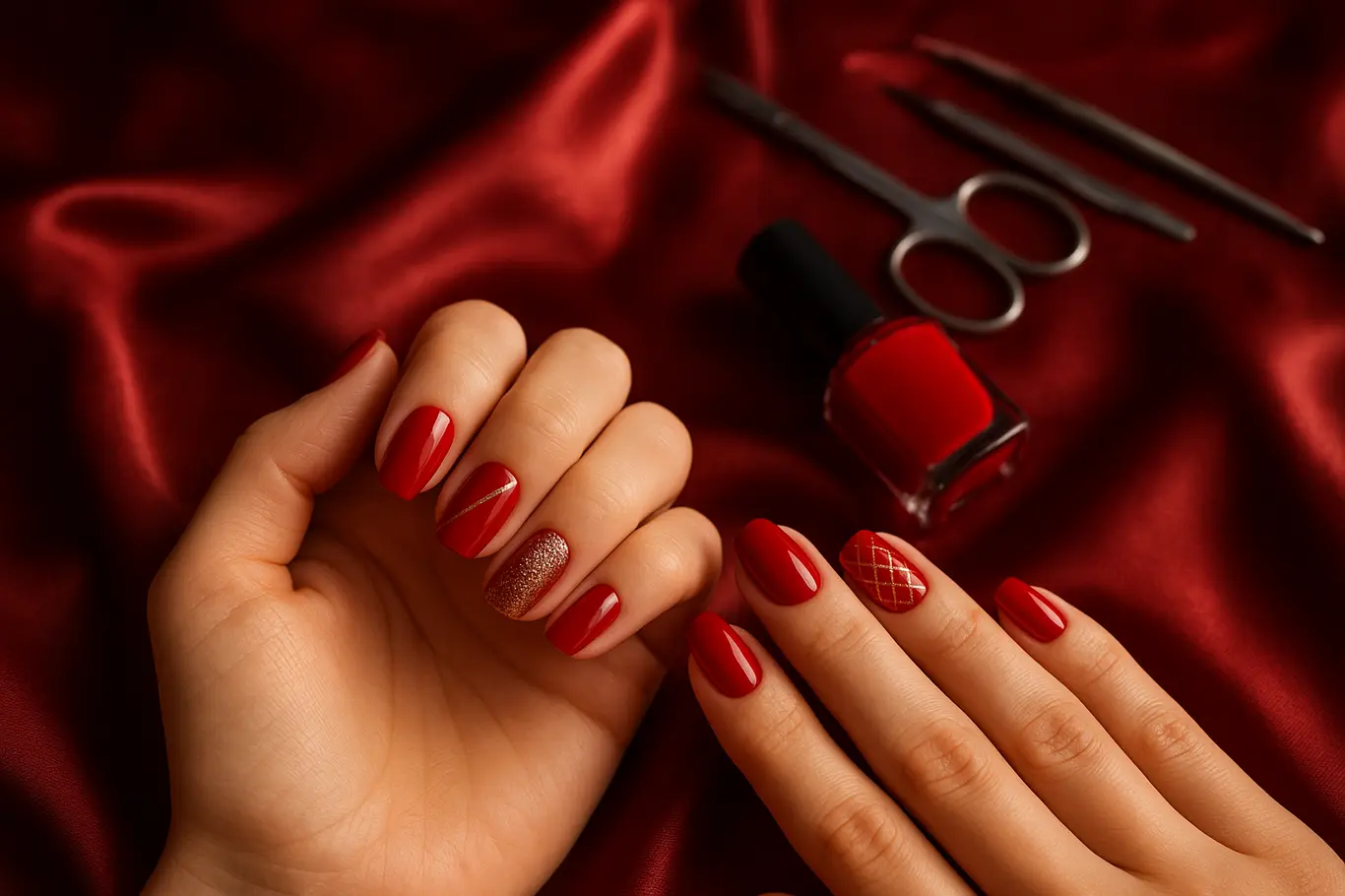 Duas mãos sobre tecido acetinado mostrando unhas de gel vermelhas e ferramentas de manicure ao fundo