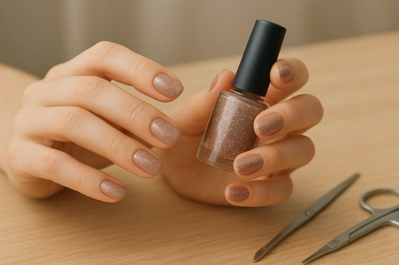 Duas mãos mostrando aplicação de top coat sobre unhas com glitter discreto