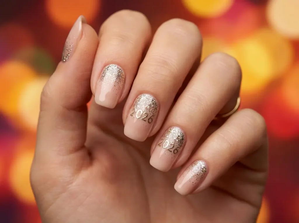Unhas decoradas com glitter 2026: brilho discreto e durabilidade Close-up de mão feminina com unhas nude e glitter discreto degradê