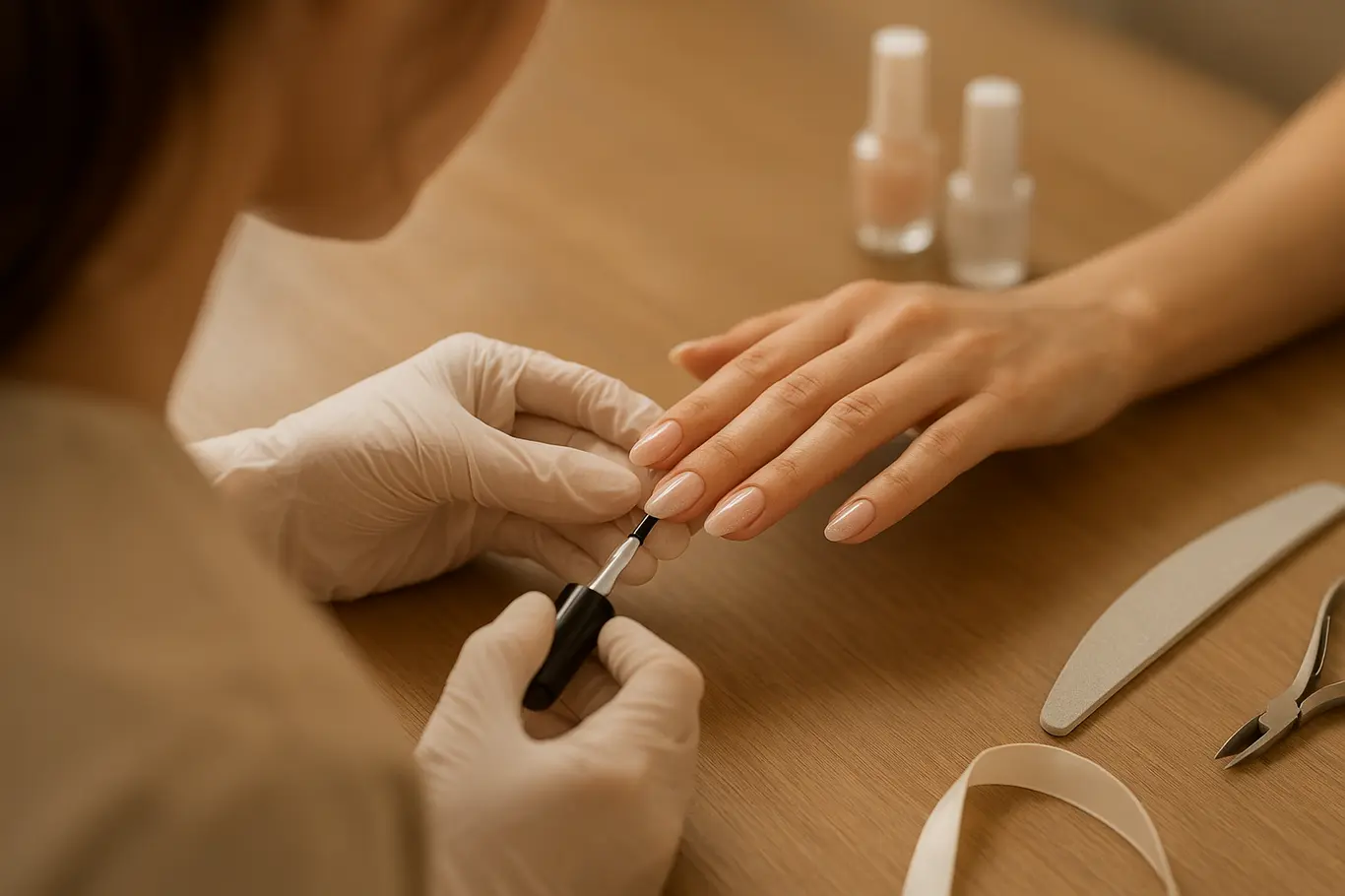 Manicure aplicando acabamento em gel nas unhas de noiva