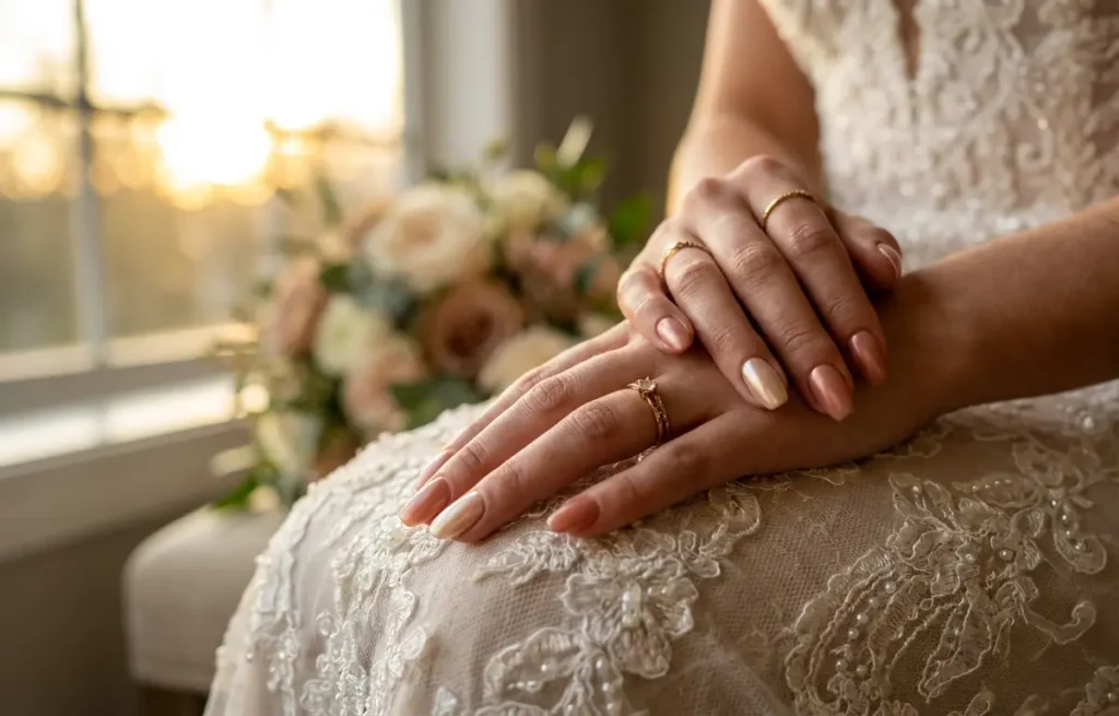 Mãos de noiva com unhas de gel elegantes e buquê desfocado