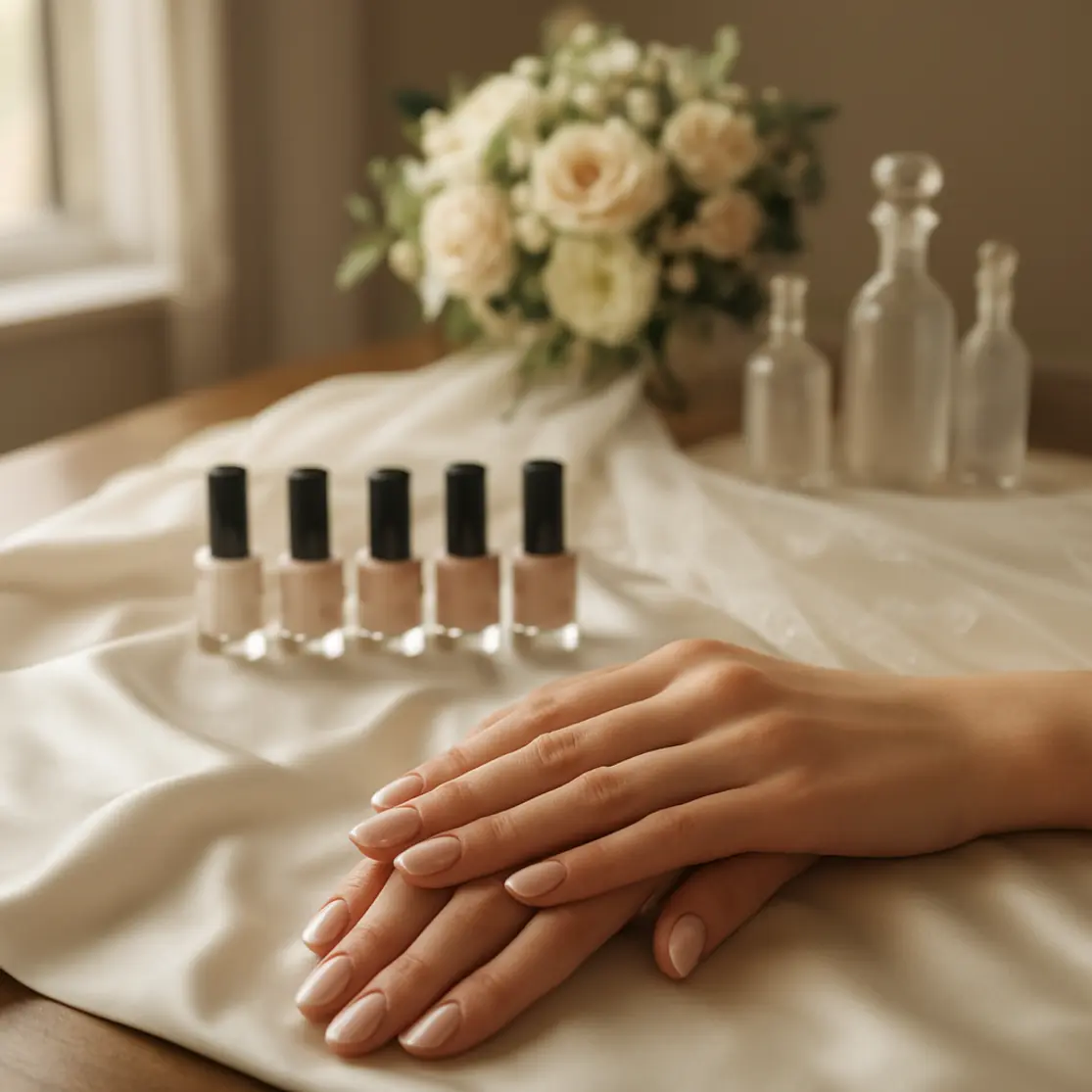 Mesa de preparação da noiva com produtos de gel e véu ao fundo